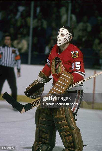 Goaltender Tony Esposito of the Chicago Blackhawks skates during an NHL Hockey game circa 1970's. Esposito played for the Blackhawks from 1969-84.