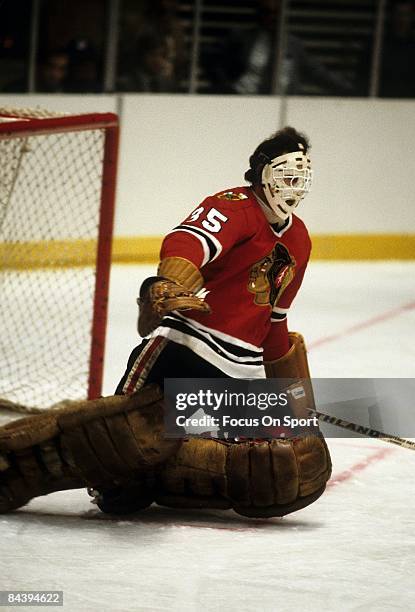 Goaltender Tony Esposito of the Chicago Blackhawks skates during an NHL Hockey game circa 1970's. Esposito played for the Blackhawks from 1969-84.