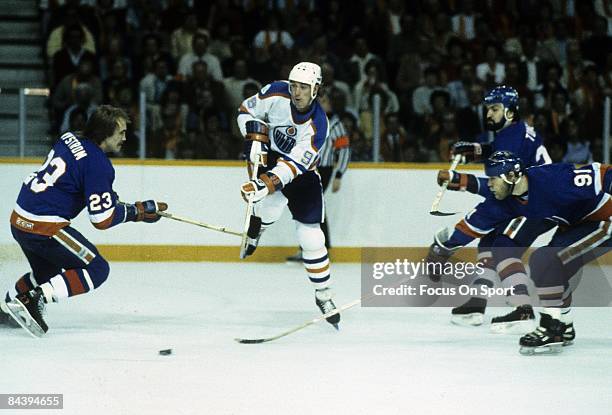 Wayne Gretzky of the Edmonton Oilers skates against the New York Islanders in the 1984 NHL Stanley Cup Finals in May, 1984 at the Northlands Coliseum...