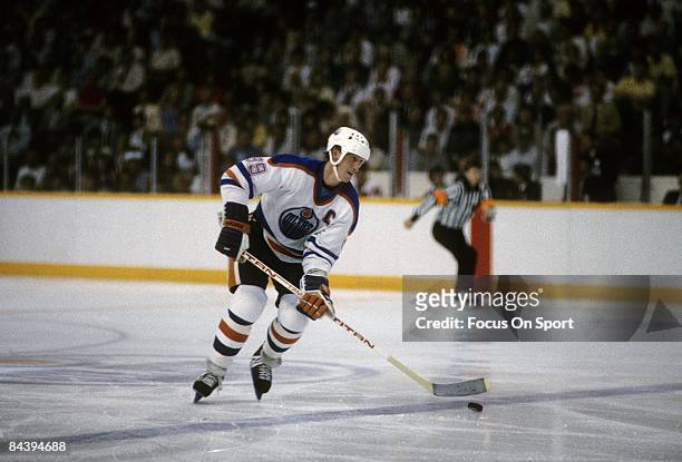 Wayne Gretzky of the Edmonton Oilers skates against the New York Islanders in the 1984 NHL Stanley Cup Finals in May, 1984 at the Northlands Coliseum...