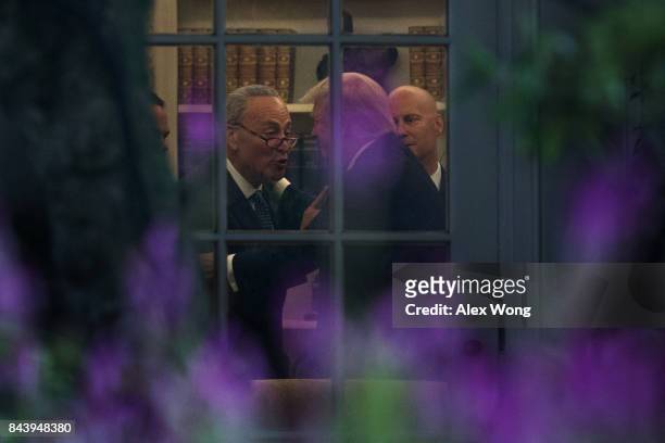 Senate Minority Leader Sen. Chuck Schumer makes a point to President Donald Trump in the Oval Office as White House Director of Legislative Affairs...