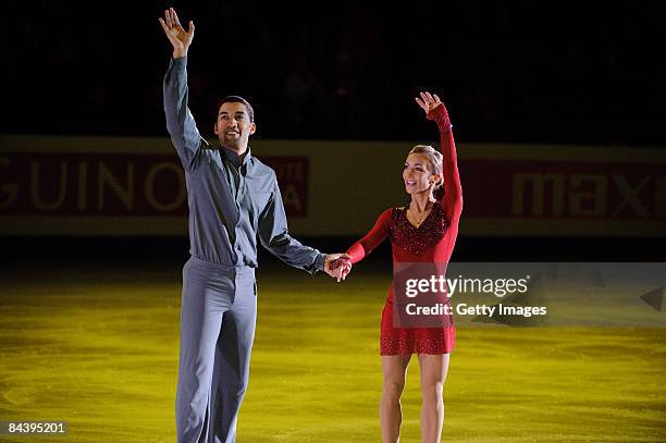 Aliona Savchenko and Robin Szolkowy of Germany during the victory ceremony at the ISU European Figure Skating Championship at the Hartwall Areena on...