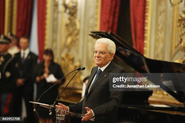 The President of the Italian Republic Sergio Mattarella attends the Tour and Welcome Drinks at Palazzo del Quirinale as part of the 2017 Celebrity...