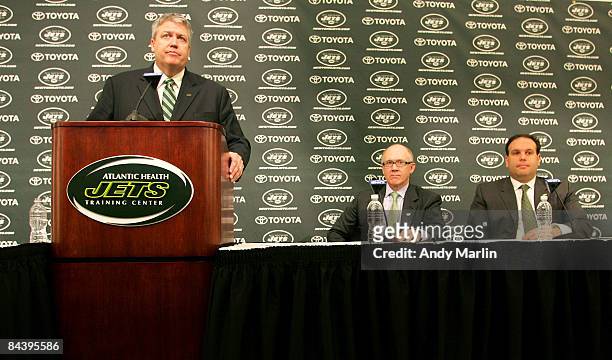 Rex Ryan addresses the media during a press conference introducing him as the new Head Coach of the New York Jets as Owner Woody Johnson and General...