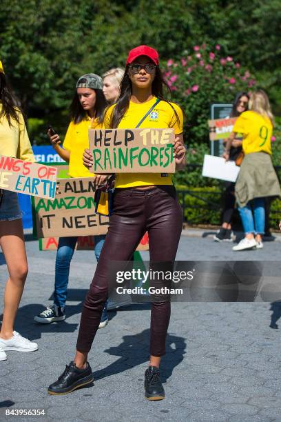 Model Lais Ribeiro is seen during a protest to save the Amazon rainforest in Union Square on September 7, 2017 in New York City.