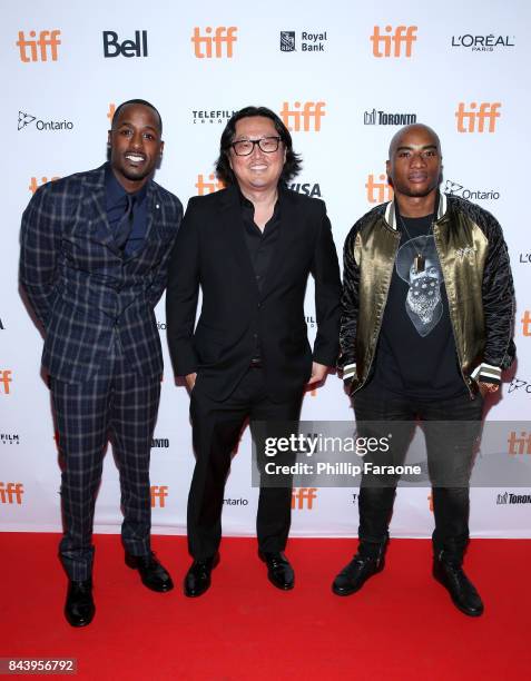 Jackie Long, Joseph Kahn, and Charlamagne tha God attend the 'Bodied' premiere during the 2017 Toronto International Film Festival at Ryerson Theatre...