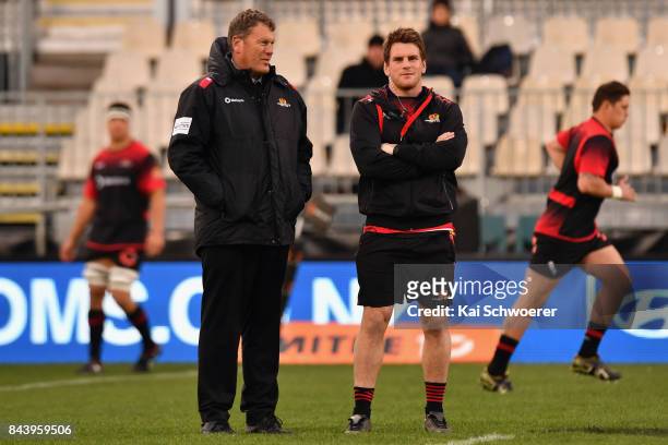 Head Coach Glenn Delaney of Canterbury and the injured Matt Todd of Canterbury look on prior to the Ranfurly Shield round four Mitre 10 Cup match...