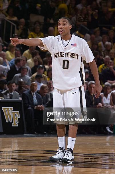 Jeff Teague of the Wake Forest Demon Deacons points out a defensive assignment during the first half against the North Carolina Tar Heels at the LJVM...