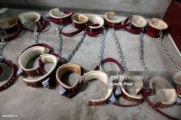 Leg shackles sit on the floor at Camp 6 detention center at the U.S. Naval Base January 21, 2009 in Guantanamo Bay, Cuba. The Guantanamo Bay war...