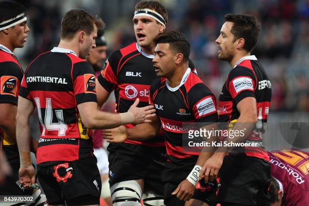 Richie Mo'unga of Canterbury is congratulated by team mates after scoring a try during the Ranfurly Shield round four Mitre 10 Cup match between...