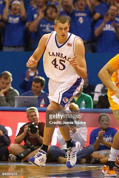 Cole Aldrich of the Kansas Jayhawks runs downcourt against the Tennessee Volunteers on January 3, 2009 at Allen Fieldhouse in Lawrence, Kansas.