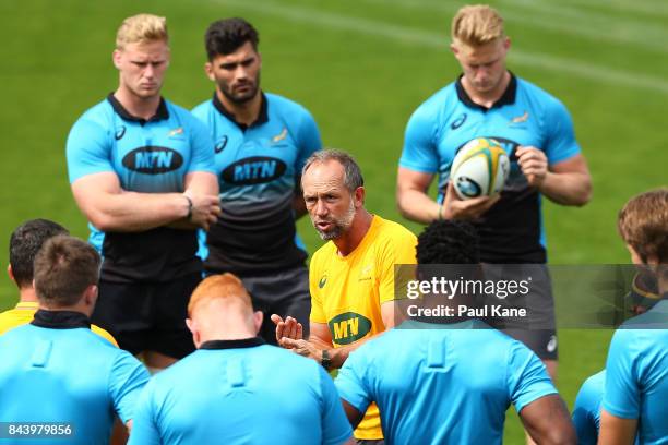 Brendan Venter, Springboks defence coach address the players during the South Africa Springboks Captain's Run at nib Stadium on September 8, 2017 in...