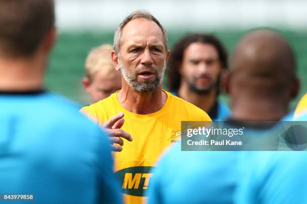 Brendan Venter, Springboks defence coach address the players during the South Africa Springboks Captain's Run at nib Stadium on September 8, 2017 in...