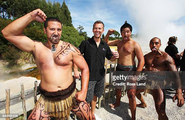 Te Ori Paki , Manunui Tu Heu Heu and Poutama Paki from the Tuwharetoa tribe perform a Pukana with New Zealand A1GP driver Chris van der Drift during...