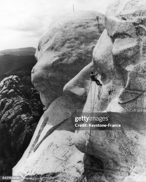 Restauration de l'oeil du président Thomas Jefferson au mémorial national du Mont Rushmore dans le Dakota du Sud aux Etats-Unis.