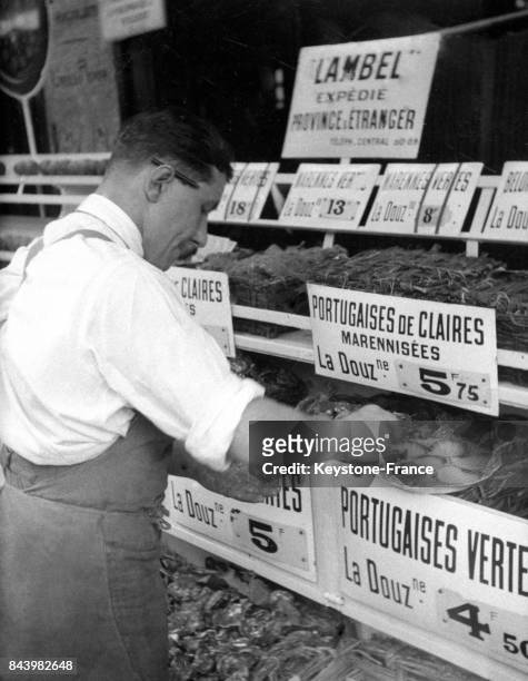 Ecailler devant l'étal installant une assiette de dégustation à Paris, France, en 1932.