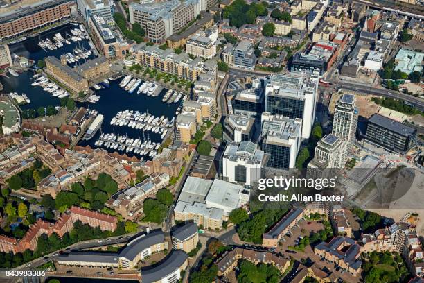 aerial view of st katherine's dock and wapping - wapping stock pictures, royalty-free photos & images