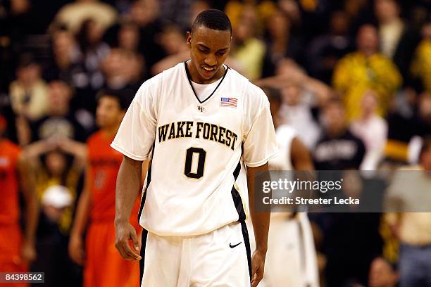 Jeff Teague of the Wake Forest Demon Deacons reacts in defeat as he walks down the court during their game against the Virginia Tech Hokies at...