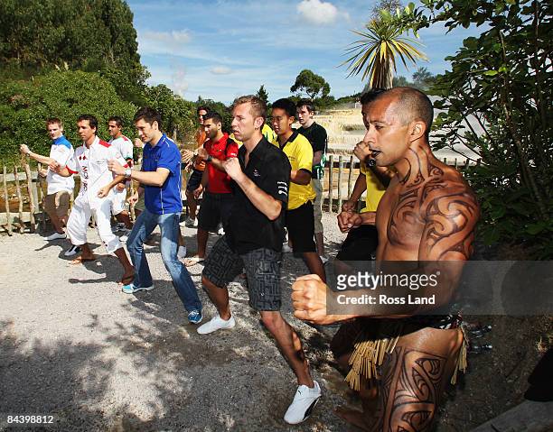 Alexandre Imperatori of Switzerland, Clivio Piccione of Monaco, Loic Duval of France, and Chris van der Drift of New Zealand perform a Haka with...