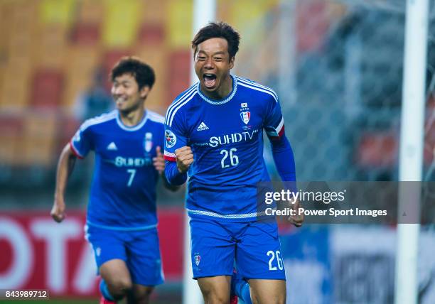 Suwon Samsung FC midfielder Yeom Ki Hun celebrates after scoring his goal during the 2015 AFC Champions League Round of 16 1st Leg match between...