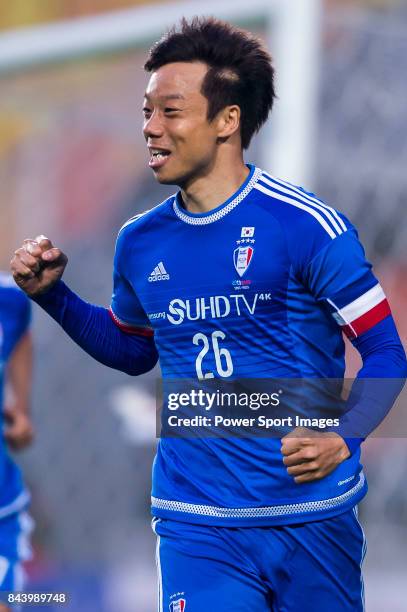 Suwon Samsung FC midfielder Yeom Ki Hun celebrates after scoring his goal during the 2015 AFC Champions League Round of 16 1st Leg match between...