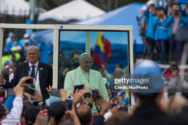 Pope Francis arrives at the Simon Bolivar Park in Bogota to give an open air mass on September 7, 2017. Pope Francis urged Colombians to avoid...