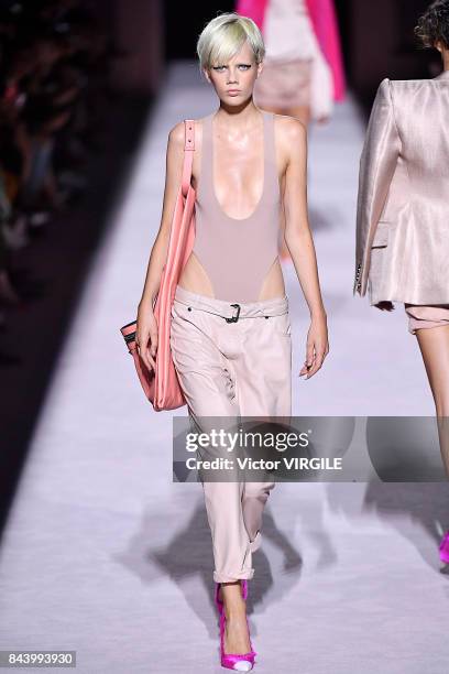 Model walks the runway at the Tom Ford Spring/Summer 2018 Runway Show during New York Fashion Week at the Park Avenue Armory on September 6, 2017 in...