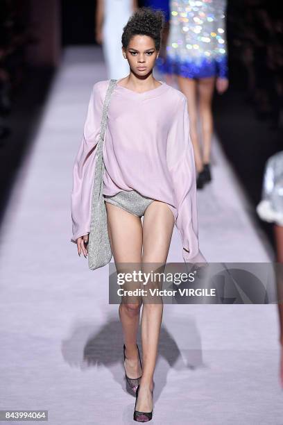 Model walks the runway at the Tom Ford Spring/Summer 2018 Runway Show during New York Fashion Week at the Park Avenue Armory on September 6, 2017 in...