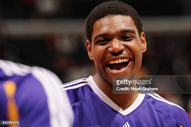 Andrew Bynum of the Los Angeles Lakers smiles during warmups before taking on the Los Angeles Clippers at Staples Center on January 21, 2009 in Los...
