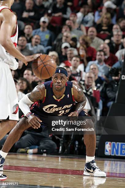 LeBron James of the Cleveland Cavaliers watches the ball during a game against the Portland Trail Blazers at the Rose Garden Arena January 21, 2009...