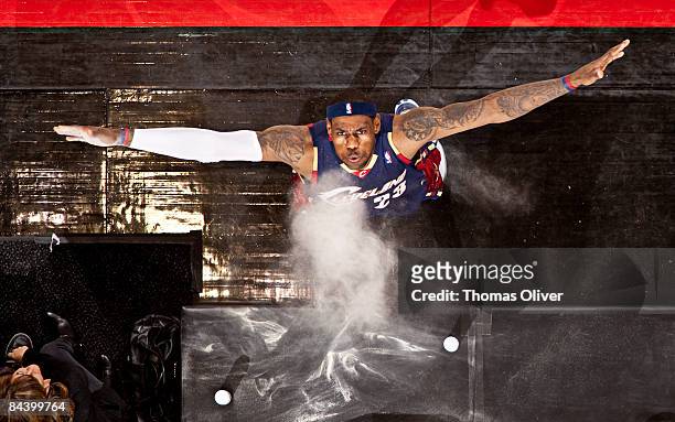 LeBron James of the Cleveland Cavaliers throws powder into the air before a game against the Portland Trail Blazers on January 21, 2009 at the Rose...