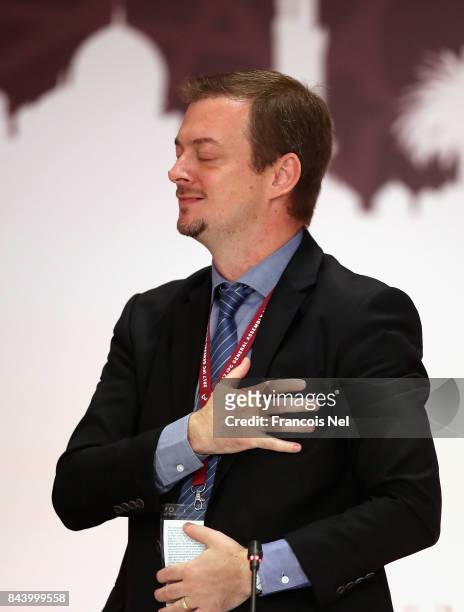 Newly elected International Paralympic Committee President Andrew Parsons reacts during the IPC General Assembly and Conference 2017 at Abu Dhabi...