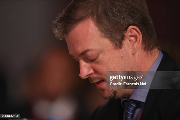 President Andrew Parsons reacts after being elected as the new International Paralympic Committee President during the IPC General Assembly and...