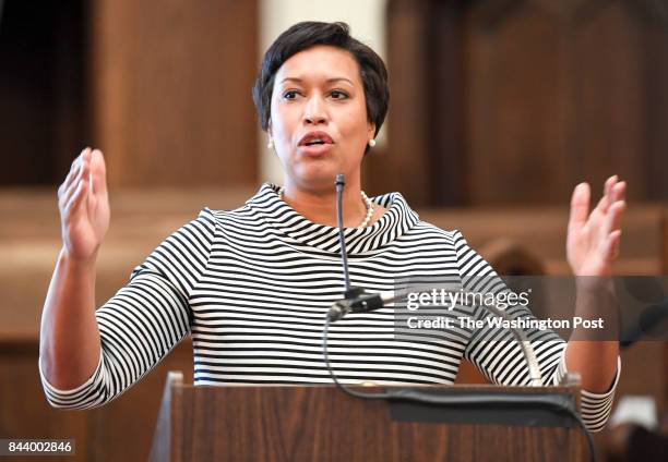 Mayor Muriel Bowser addresses the crowd at the More For Housing Now rally at the Foundry United Methodist Church in Washington, DC on March 18, 2017.