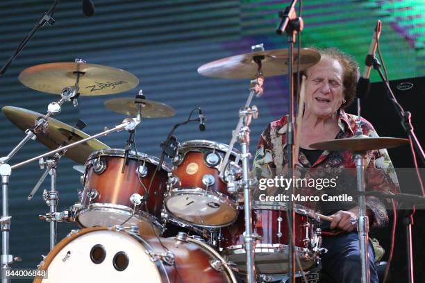 The drummer Franco Del Prete, ex leader of Showmen group, during a concert in Dante square.