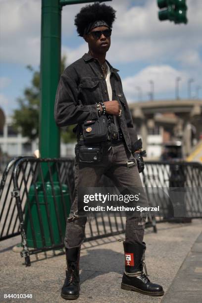 Louis Carter is seen attending Malan Breton during New York Fashion Week wearing Guess, H&M, Dr. Martens on September 7, 2017 in New York City.