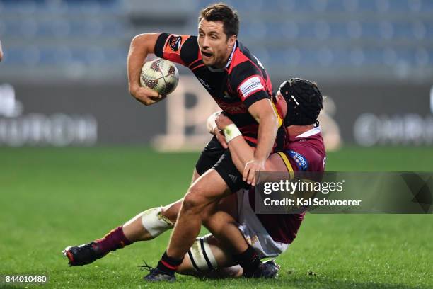 Tim Bateman of Canterbury is tackled during the Ranfurly Shield round four Mitre 10 Cup match between Canterbury and Southland on September 8, 2017...