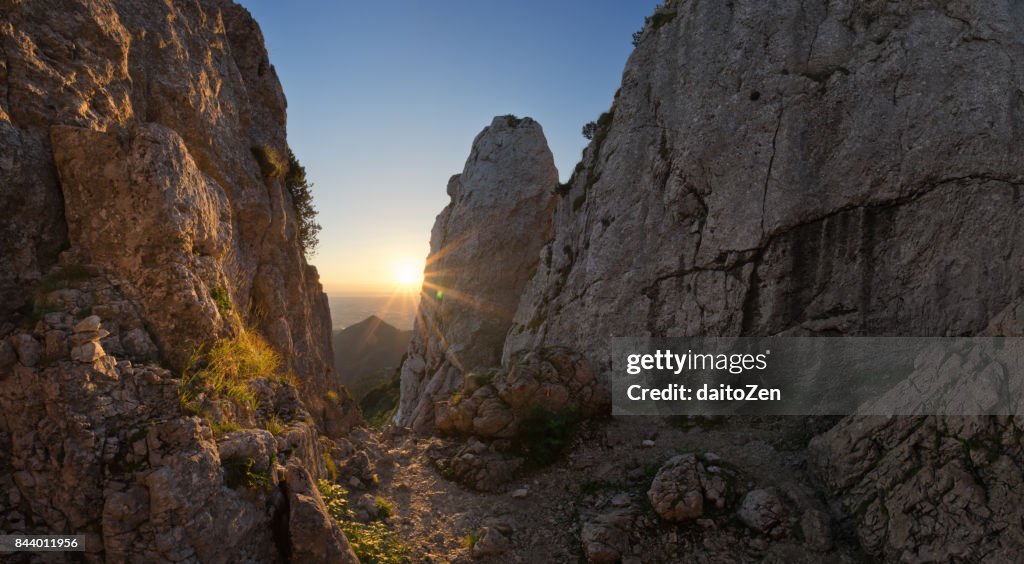 Sunrise seen from Kampenwand (1,669m) mountain summit area, Bavarian Alps, Chiemgau, Upper Bavaria, Germany