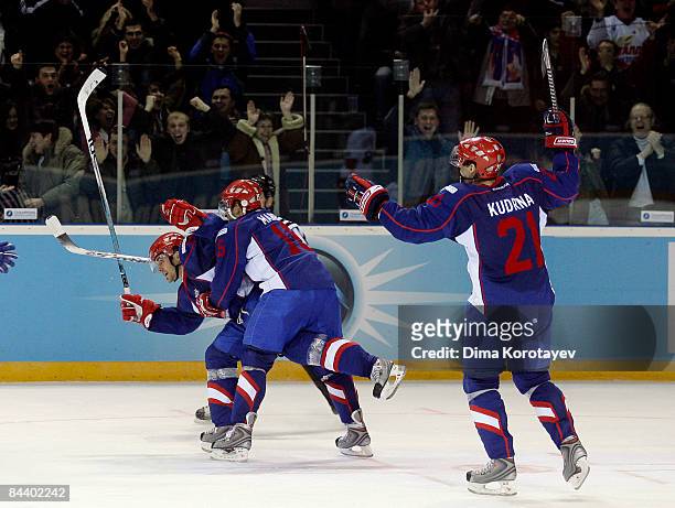 Players of Metallurg Magnitogorsk celebrate a goal during the IIHF Champions Hockey League final game between Metallurg Magnitogorsk and ZSC Lions...