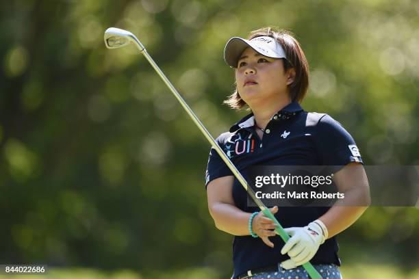 Hiroko Azuma of Japan watches her tee shot on the 4th hole during the second round of the 50th LPGA Championship Konica Minolta Cup 2017 at the Appi...