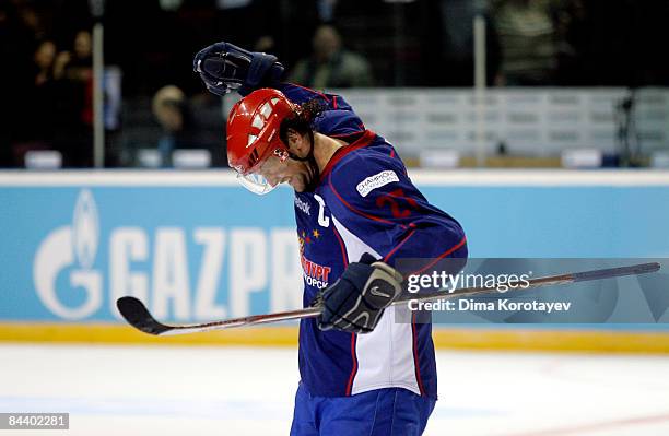 Vitali Atyushov of Metallurg Magnitogorsk celebrates a goal during the IIHF Champions Hockey League final game between Metallurg Magnitogorsk and ZSC...