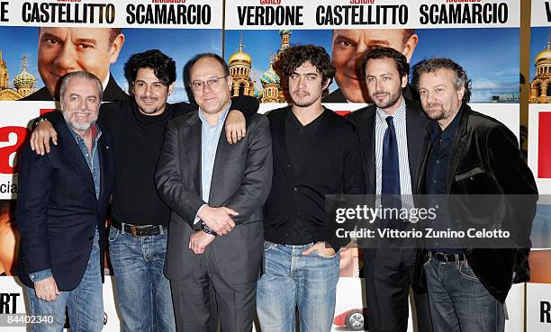 Aurelio De Laurentiis, Dario Bandiera, Carlo Verdone, Riccardo Scamarcio, Luigi De Lurentiis and Giovanni Veronesi attend "Italians" photocall held...