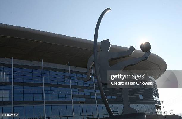 Statue of a football player stands in front of the Rhein-Neckar-Arena of Bundesliga team 1899 Hoffenheim on January 22, 2009 in Sinsheim, Germany.