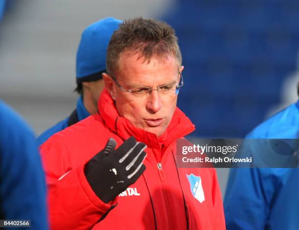 Coach Ralf Rangnick of Bundesliga team 1899 Hoffenheim speaks during a training session at the Rhein-Neckar-Arena on January 22, 2009 in Sinsheim,...