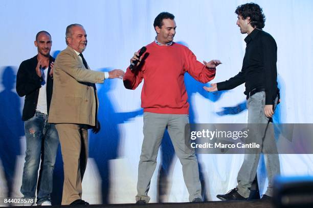 The president of the Napoli football club, Aurelio De Laurentiis with the major of Naples Luigi de Magistris and the comic actor Alessandro Siani,...