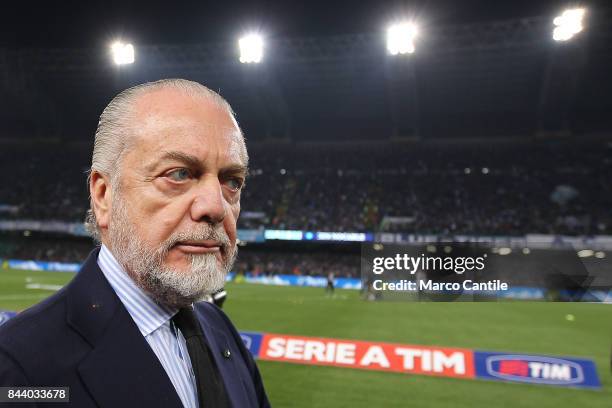 Aurelio De Laurentiis, President of the football club Napoli, at the San Paolo Stadium.