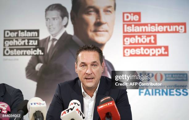 Chairman of the Freedom Party of Austria Heinz-Christian Strache attends a press conference to present the party's new election posters reading...