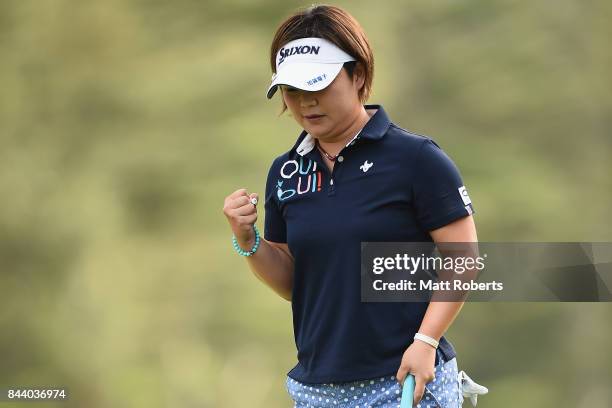 Hiroko Azuma of Japan reacts after her putt on the 18th green during the second round of the 50th LPGA Championship Konica Minolta Cup 2017 at the...