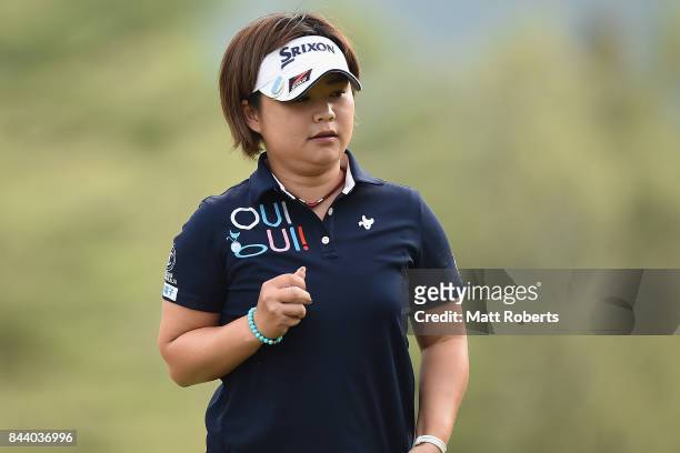 Hiroko Azuma of Japan reacts after her putt on the 18th green during the second round of the 50th LPGA Championship Konica Minolta Cup 2017 at the...