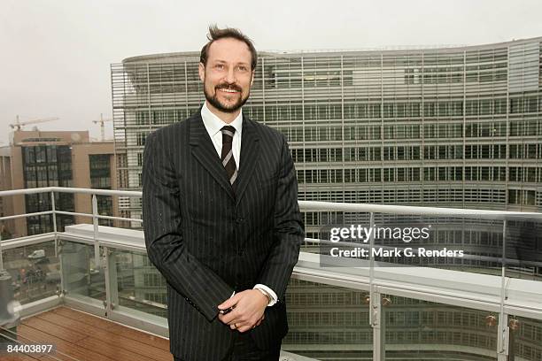 Crown Prince Haakon from Norway poses for a photo on a terras with vieuw over the Berlaymont Building during his visit to the Norway House on January...